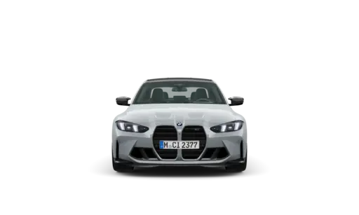 Front-facing silver BMW sports coupe photographed against a black background, featuring the distinctive kidney grille, sleek LED headlights, sculpted hood, side mirrors, and a European-style license plate.