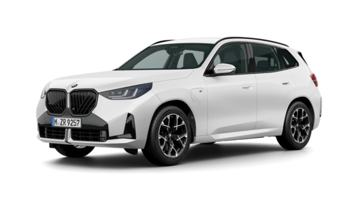 White BMW electric SUV shown in a front three-quarter view, featuring the large enclosed kidney grille, slim LED headlights, aerodynamic alloy wheels, roof rails, and a modern five-door body. The vehicle is isolated against a black background, with a partially visible colored graphic along the lower-right edge.